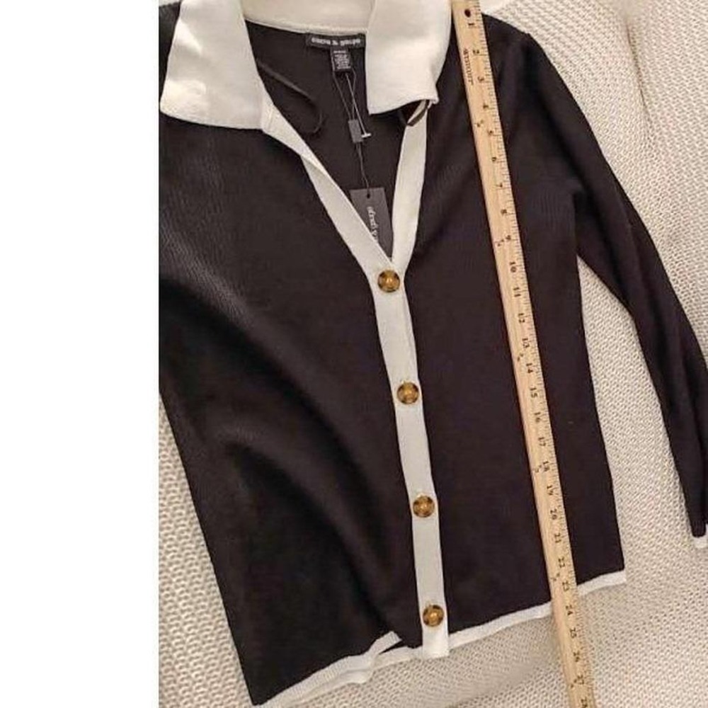 NWT Cable & Gauge Classic Black White Trim Collared Knit Cardigan Button Front M - Picture 7 of 8
